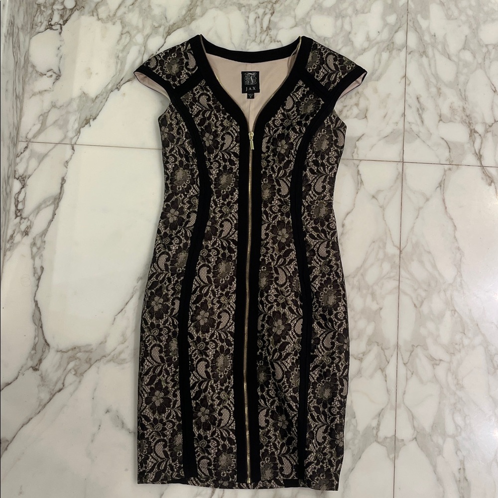 Jax Black and Cream Lace Mini Dress with gold sparkle thread details